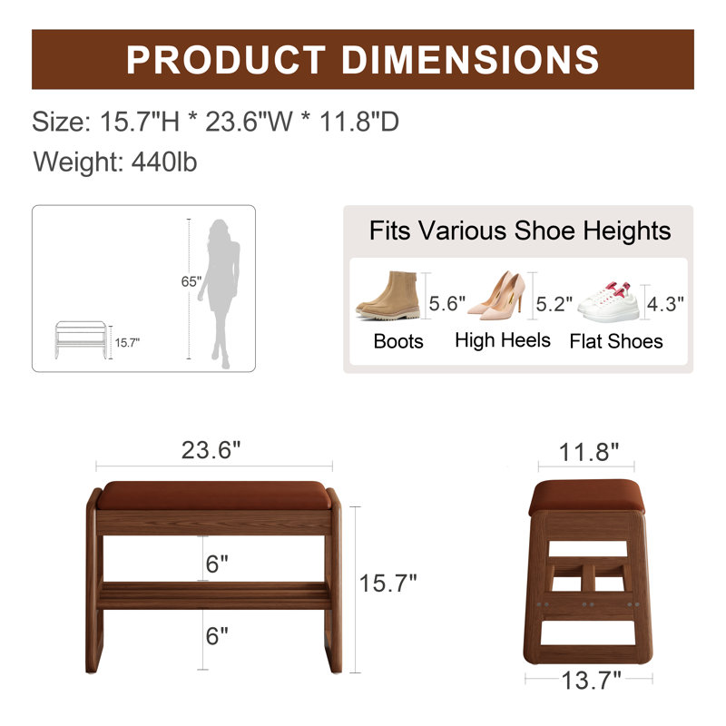 Solid wood shoe benches, leather or linen seat, double-tiered shelf design, flip-up storage, 23.6" W, Orange/Walnut Brown
