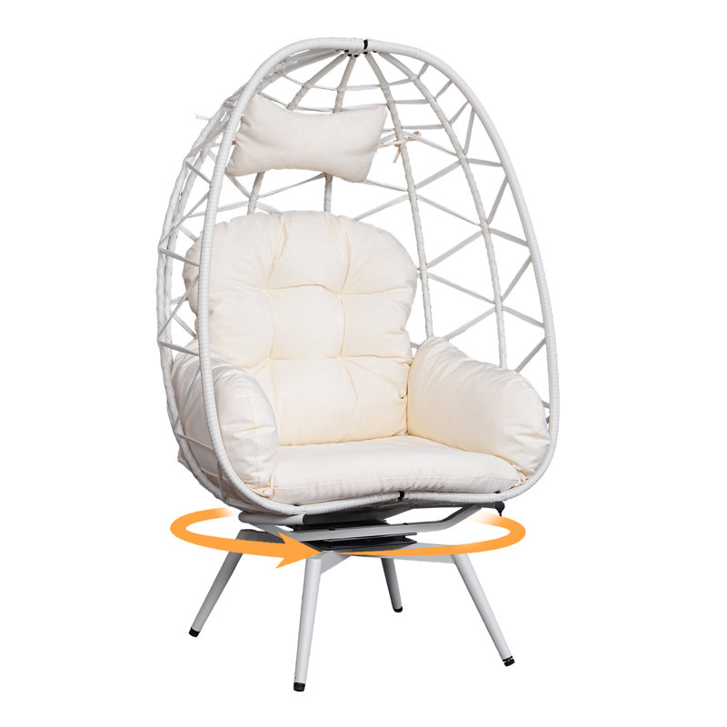 Oversized 360° Swivel Rattan Egg Chair for Adult, Indoor Outdoor Patio Large Wicker Egg Chair with Overstuffed Cushions, 500lb Weight Capacity, Natural Rattan with Cushion