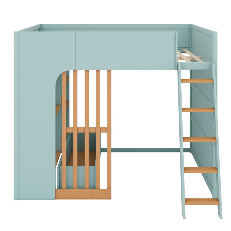 Lit mezzanine en bois avec échelle et tablettes de rangement intégrées, Vert menthe + chêne naturel