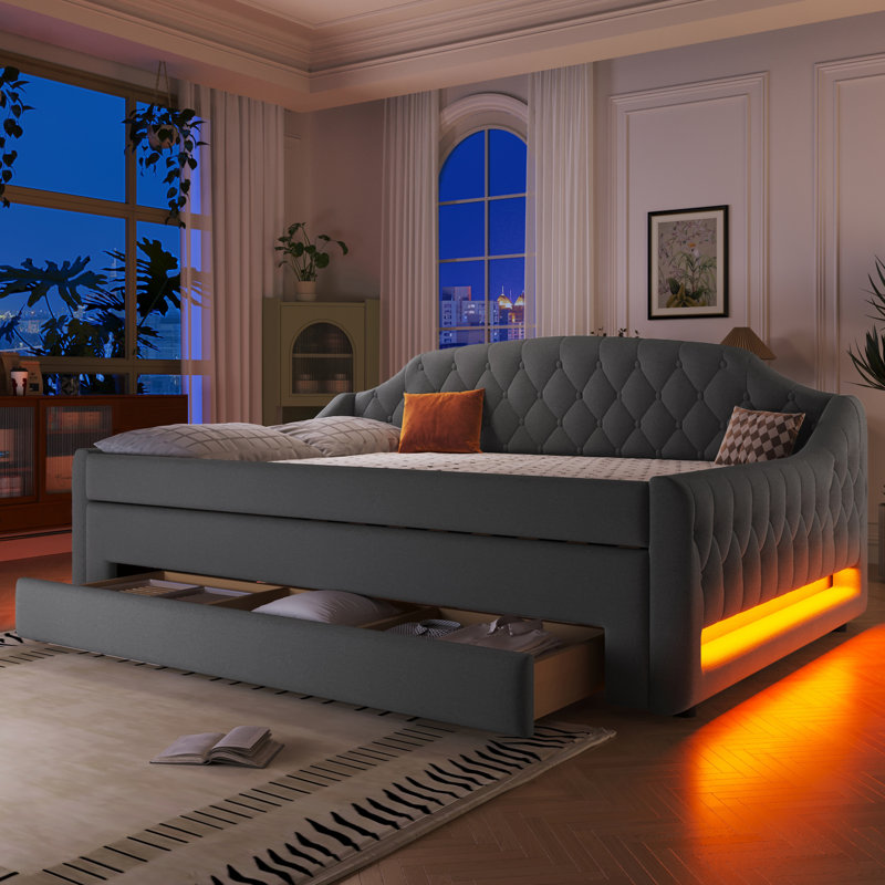 Full Size Upholstered Daybed with LED Belt, Trundle and Three Storage Drawers, Gray Finish, Gray