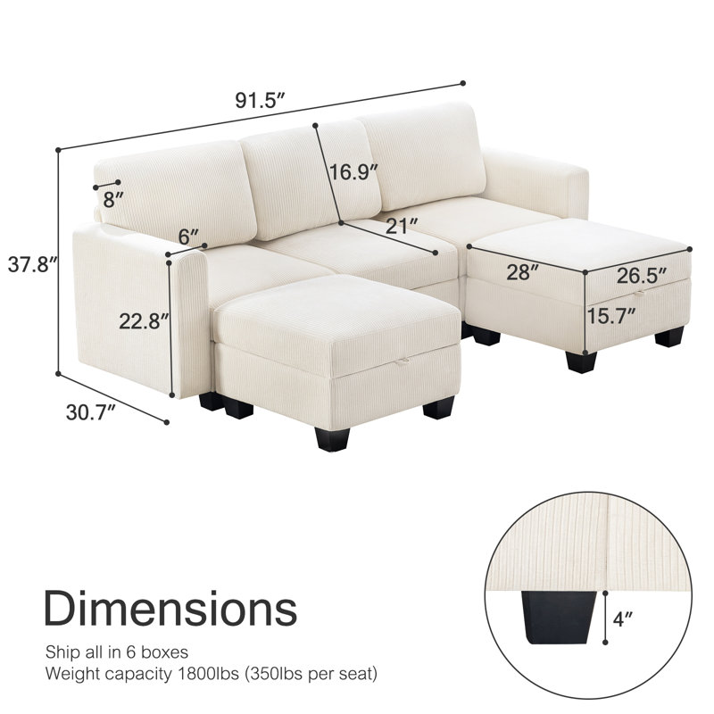 Canapé modulaire rembourré 5 pièces Ilyes, Chenille blanche