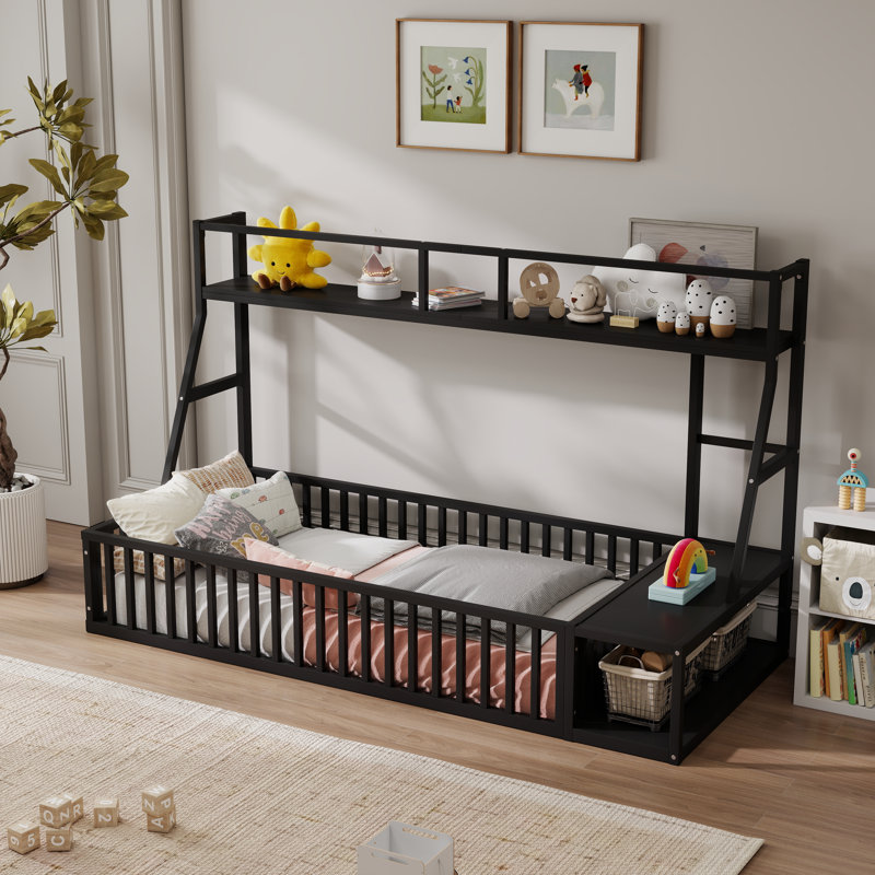 Lit simple au sol avec bureau et tablettes de rangement, Noir