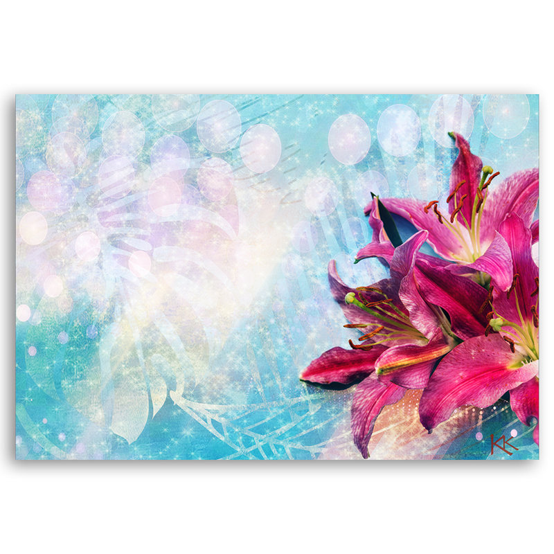 Pink Flowers On A Blue Background - No Frame Print on Canvas, 70cm H x 100cm W