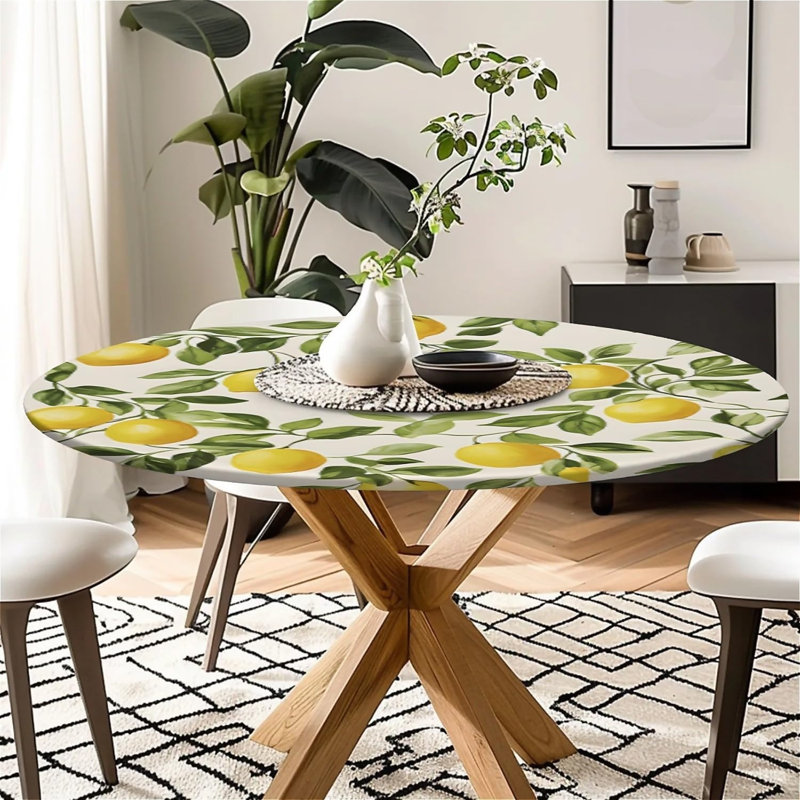 Outdoor Round Tablecloth with Elastic Band 60In-150cm Elastic Garden Tablecloth with Lemon Pattern Fits 54"-58" Wide Tables