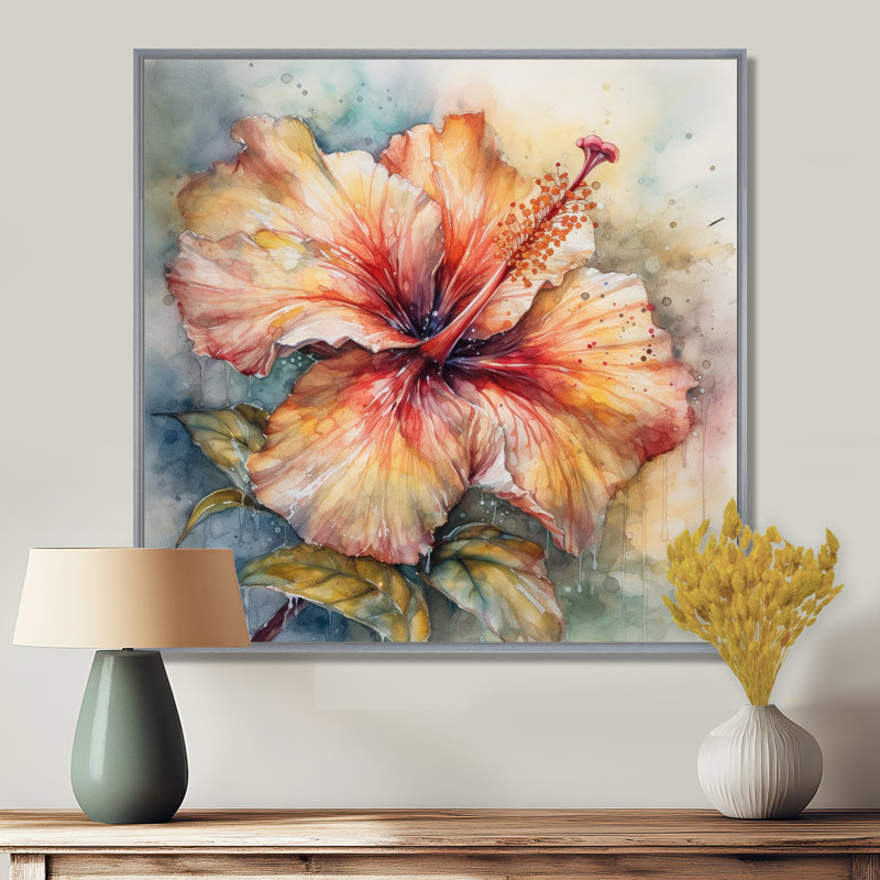 Hibiscus Euphoria II gris orange de Rrahim - art mural hibiscus, H 16 po x l 16 po, Encadrement argenté