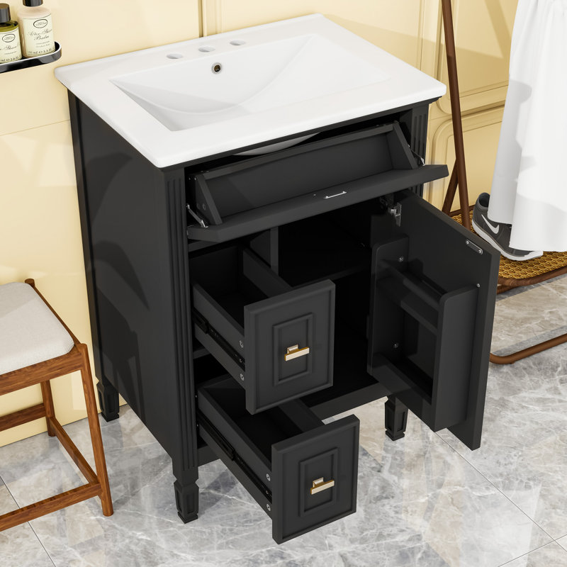 Meuble-lavabo avec lavabo, tiroirs et tablette réglable, Noir