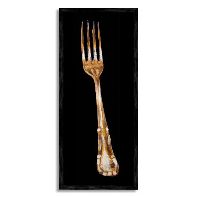 Stupell Industries Kitchen Fork Silverware Cutlery Painting Black Background In Midnight Black Framed Giclee