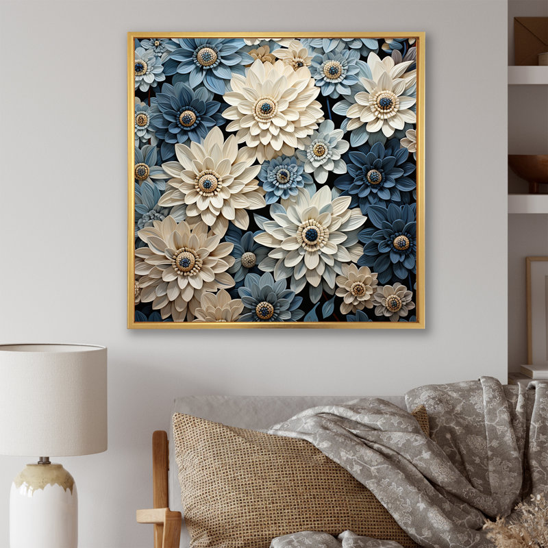 «Zinnias Bounty» blanc et bleu sur toile, Cadre flottant doré, H 24 po x l 24 po x P 1 po