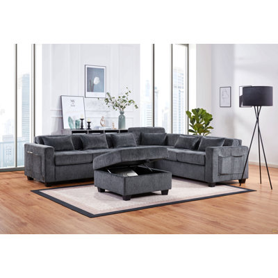 115"W Gray Chenille Sectional Sofa With Adjustable Backrest, Charging Ports, Pockets, Tufting, Storage Ottoman, Throw Pillows