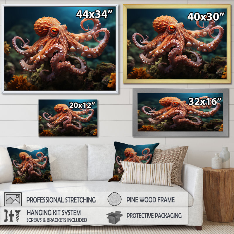 Corail Octopus Serene submersion II - pieuvre, art mural, Cadre flottant blanc, H 30 po x l 40 po x P 1,5 po