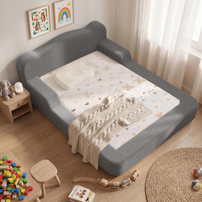 Lit au sol, lit pour tout-petit rembourré, lit bas Montessori avec garde-corps de sécurité, rembourrage en mousse de 6 pouces pour les garçons et les filles, aucun outil requis, assemblage facile, pas de sommier tapissier