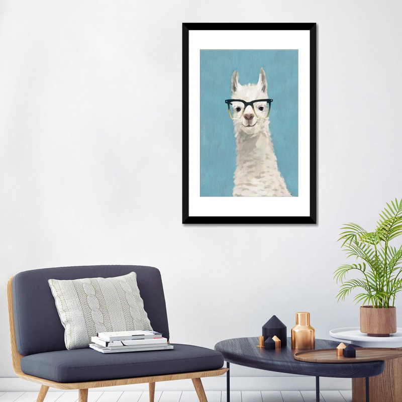 «Llama Specs II», art sur toile, Papier d'art encadré noir, H 32 po x l 24 po x P 1 po, Blanc
