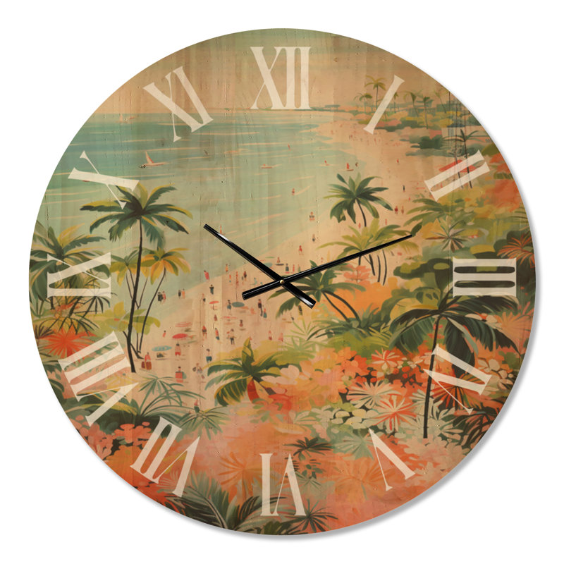 Très grande horloge murale océan - scène de plage côtière de couleur pastel Paradise III, imprimée sur bois, Oversized