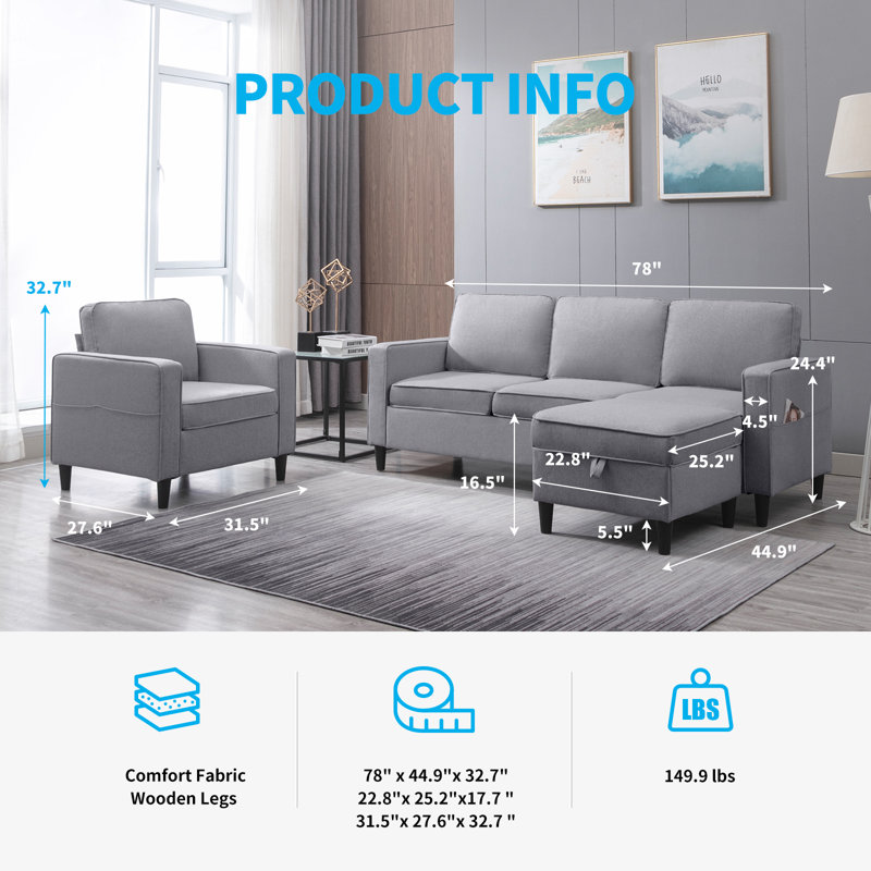 Canapé modulaire convertible 3 pièces avec repose-pieds de rangement et fauteuil simple avec poches, gris clair