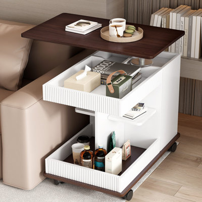 Table de bout réglable avec roulettes, table d'appoint moderne multifonctionnelle avec plateau relevable, plateau tournant à 360 ° et espace de rangement