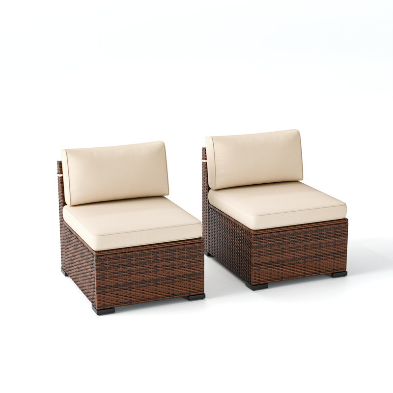 Yentin 24" Outdoor Wicker Patio Armless Modular Chair With Cushion  (Set of 2), Khaki