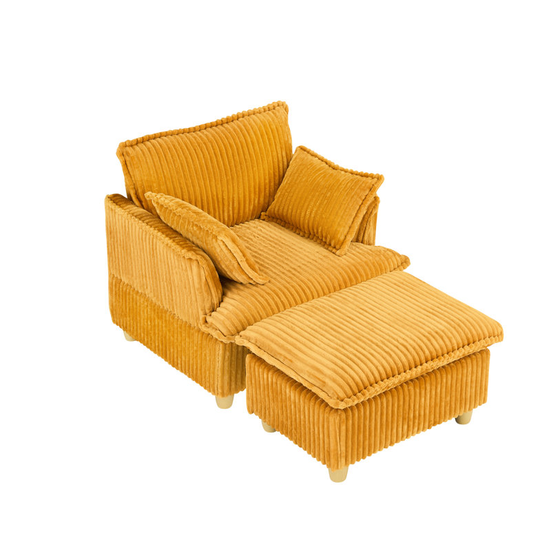 Velours côtelé 1 avec coussins - Polyvalent pour divers espaces Design rétro avec rembourrage en éponge Pieds en plastique 300 lb Capacité de soutien Balcon jaune, salon, cadre en bois massif rempli de chambre à coucher
