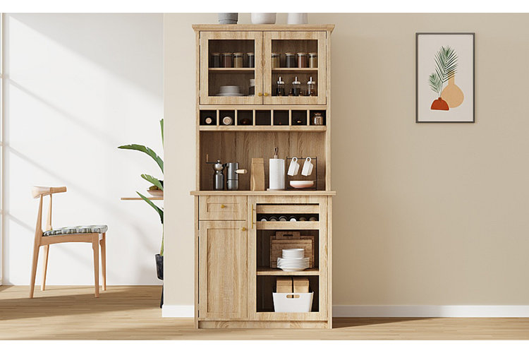 mid-century modern dining room with a light wooden hutch storing dinnerware, spices, and a coffee serving station.