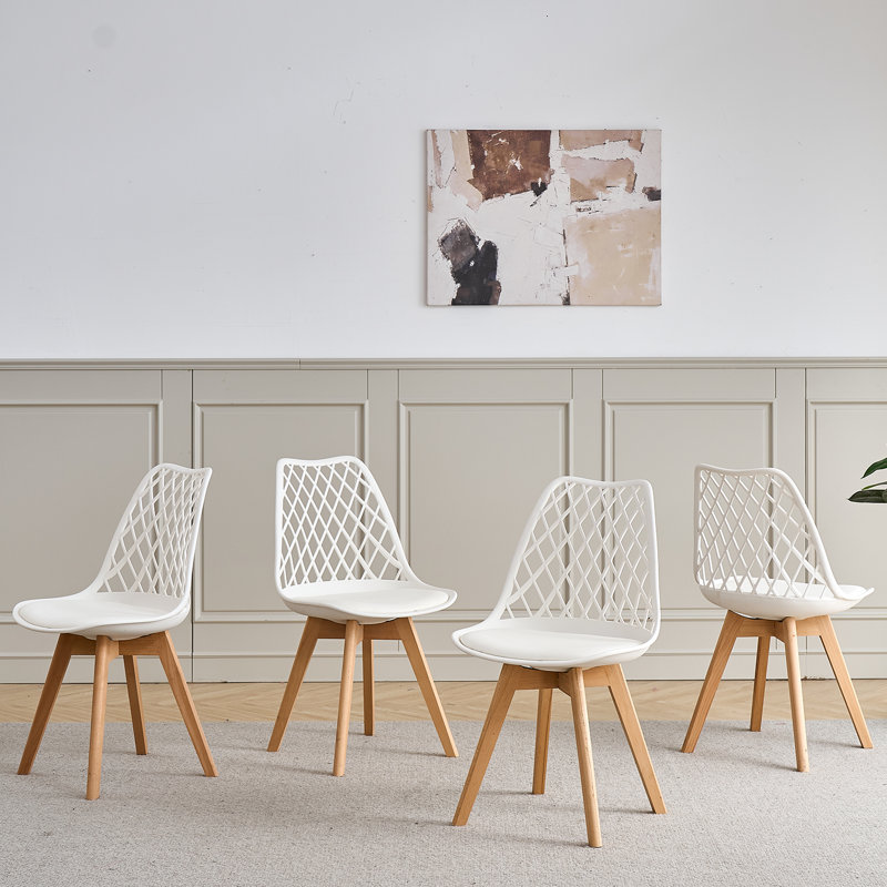 Dining Chairs - Nordic Style Dining Chair - Mesh Backrest - Solid Wood Legs, Set Of 4 , White