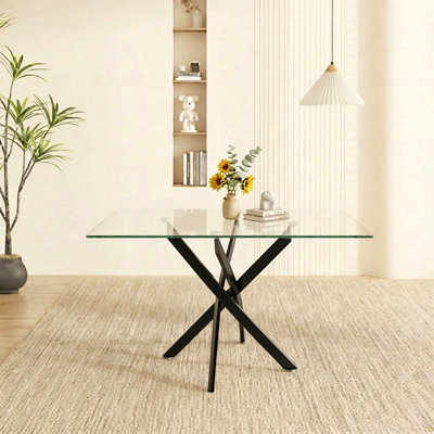 Rectangular Dining Table,47.24" Glass Dining Table with Black Legs, Modern Kitchen Table for Home Kitchen, Dining Room