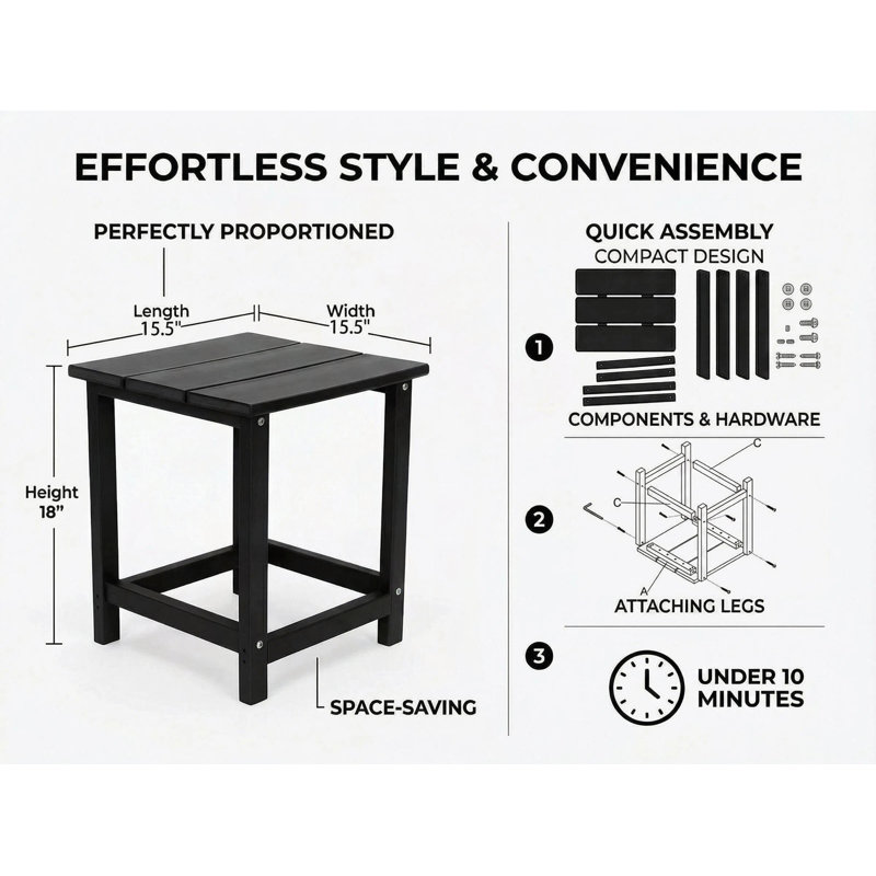 Table d'appoint extérieure carrée Adirondack en bleu, H 18 po x l 15,5 po x P 15,5 po, Noir