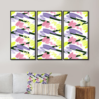 «Yellow Purpule» et «Zig Zag» rose abstraite - reproduction de cadre flottant sur toile 3 pièces