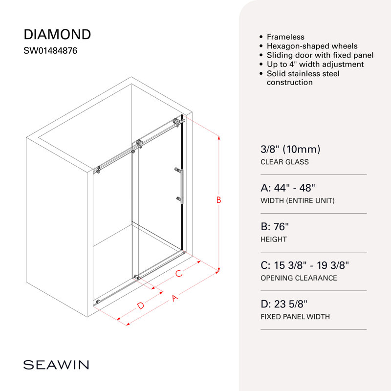 Diamant 44 - Porte de douche coulissante sans cadre 48 x 76 po en verre trempé transparent 3/8 po, Or satiné