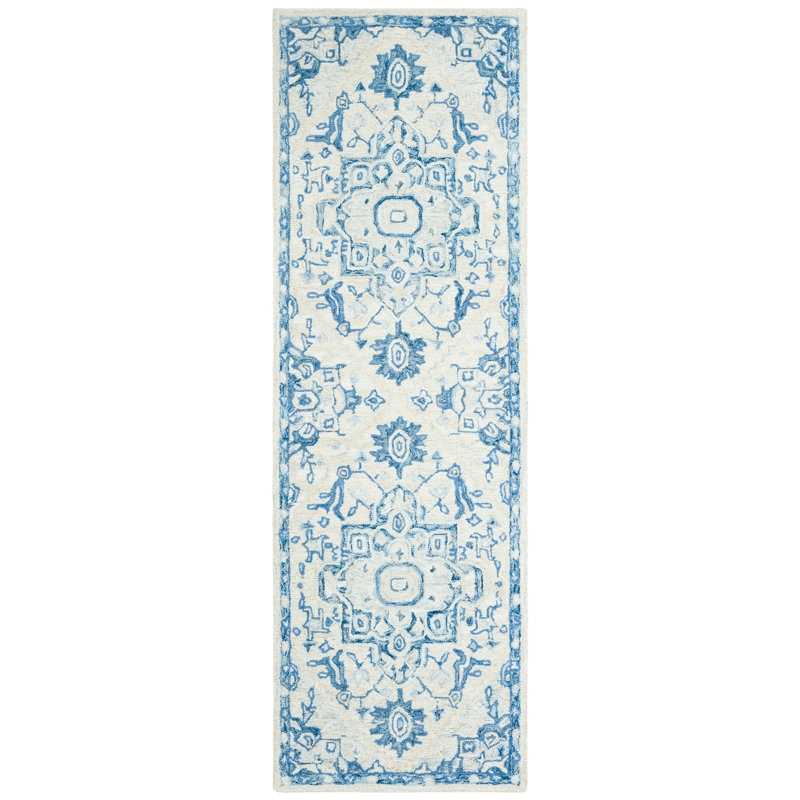 Cuvier Hand Tufted Wool Cotton Oriental Rug in Blue/Ivory, Runner 2'3" x 11'