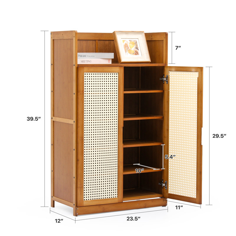 Meuble à chaussures en bambou à 6 niveaux, range-chaussures pour 20 paires de baskets avec porte en rotin et grand comptoir
