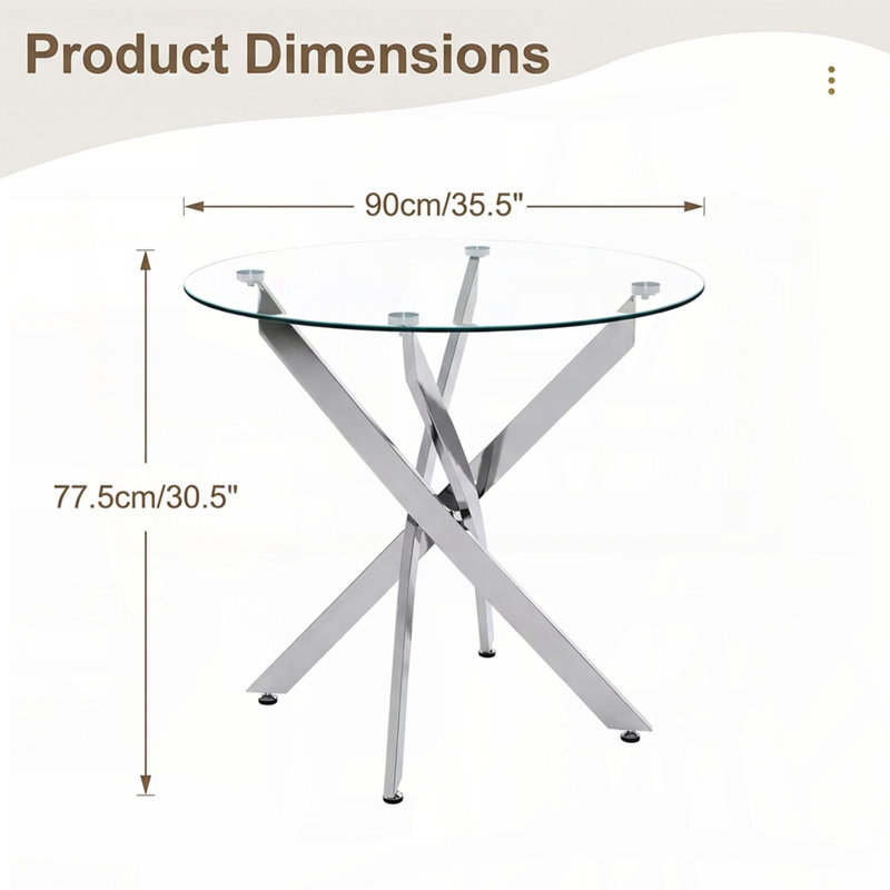Table de salle à manger ronde en verre avec pieds argentés (35,5 po), Argent