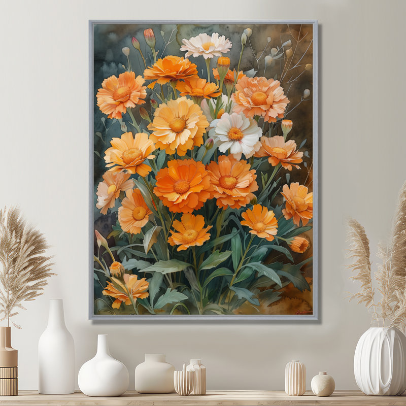 Décoration murale orange et vert parfumée «souci» jardin III - souci, Cadre argenté flottant, bois massif, H 34 po x l 44 po