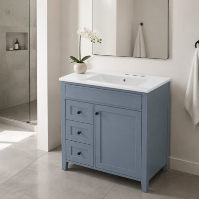 Meuble-lavabo bleu gris 30 po avec lavabo en céramique, armoire autoportante moderne, 3 tiroirs et tablette réglable, panneau de fibres à densité moyenne et bois d'hévéa