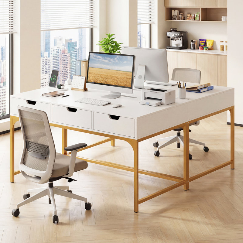 Office Desk with Power Outlets,43.5" Modern Writing Desk with Hidden Compartment Rustic Brown, White;Gold