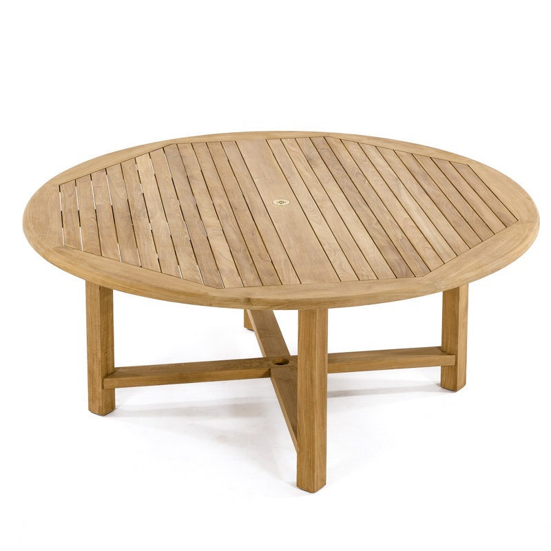 Round Teak Outdoor Dining Table With Umbrella Hole , 71'' in. W 71'' in. D