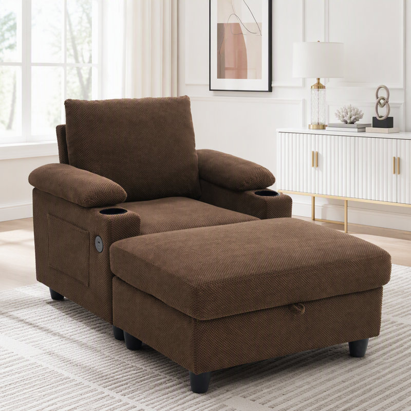 Fauteuil convertible avec repose-pieds, dossier inclinable, porte-gobelets et charge USB, Tissu café