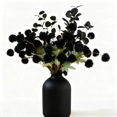 Bulk Black Artificial Flowers Set - 10 Long Stems + 50 Small Faux Silk Mum Balls & 2 Black Eucalyptus Branches, Gothic Faux Flowers For Fall Boho Halloween Indoor Home Decor Centerpieces