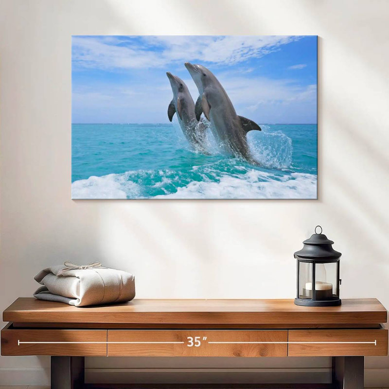 Dolphins Playing At Sea, 16" H x 24" W