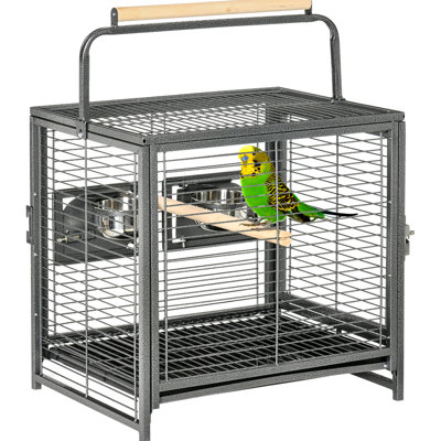 19" Parrot Travelling Lodge, Black. Lightweight Design, Steel, Perch & Bowls, Easy Cleaning Access Medium Bird Travel Refuge, With Handle, Strong And To Clean Organize