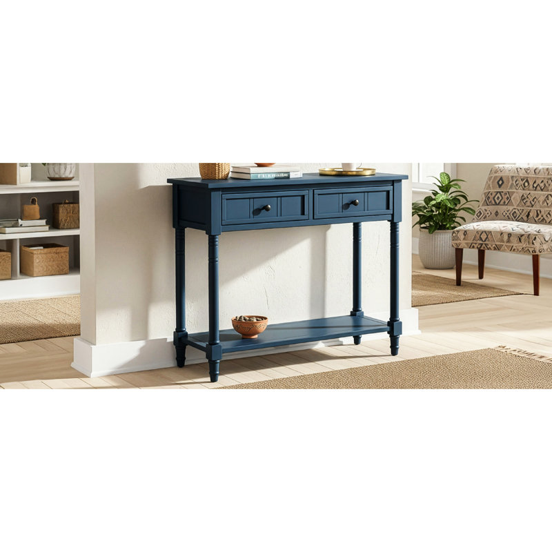 Console bleu marine foncé, design d'inspiration vintage, deux tiroirs spacieux, rangement, tablette inférieure, idéale pour exposer vos objets, en pin massif, fini lisse, coloris bleu marine, style traditionnel.