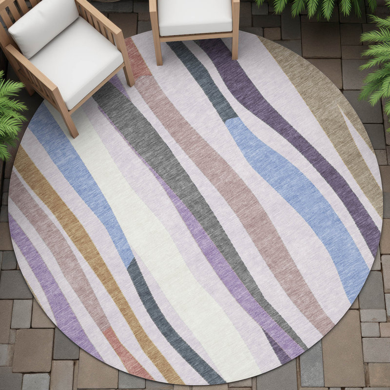 Machine Washable Indoor/Outdoor Husby ACN2188 Striped Rug, Round 8'