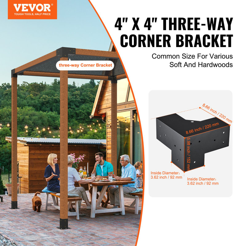 Ensemble de support de pergola 4 po x 4 po (taille intérieure 3,6 x 3,6), 4 pièces de support de poteau de coin de bricolage à 3 voies robuste, poutres en bois faciles à installer pour les pavillons de jardin, pergolas de patio, chalet en bois rond