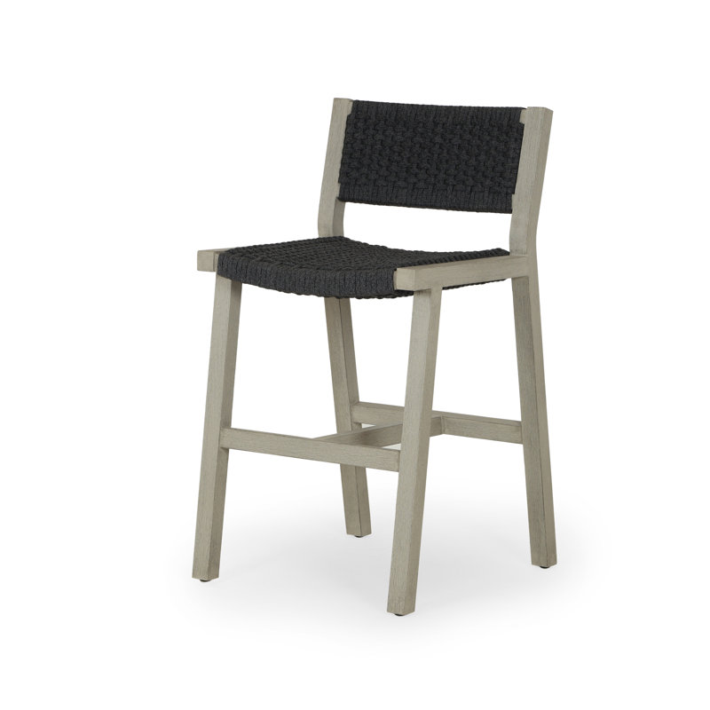 Delano Outdoor Teak Bar Stool, Dark Gray, Counter Stool (26" Seat Height), Dark Gray Rope