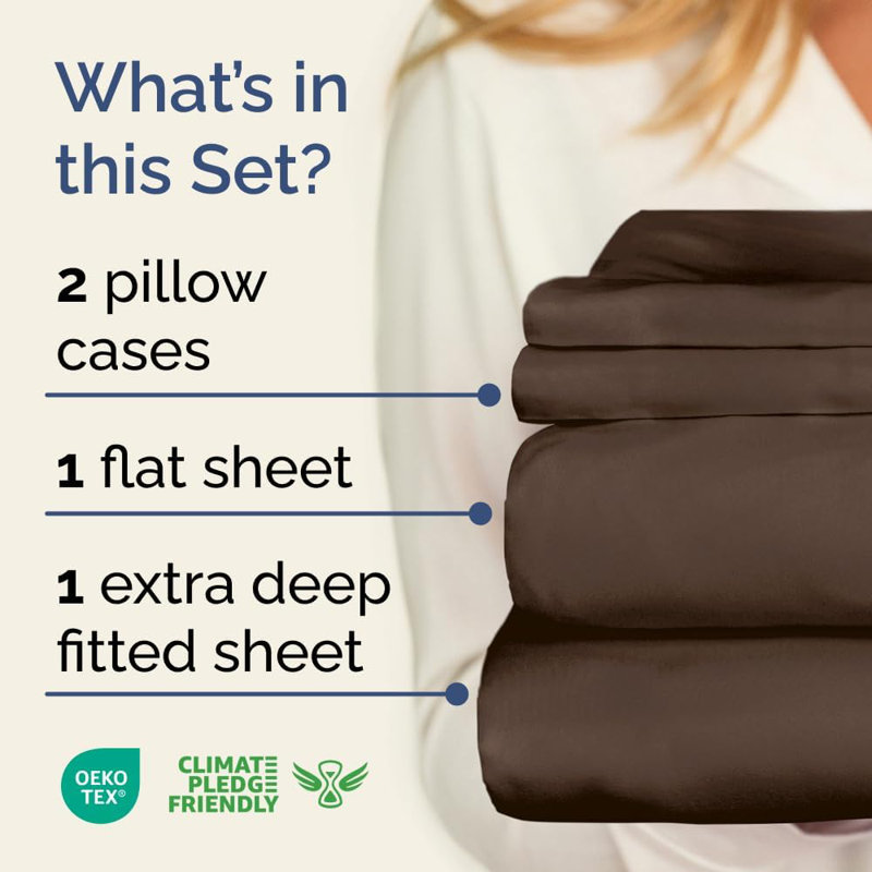 Extra Deep Pocket Sheet Set, Cooling & Breathable Bed Sheets, Soft Hotel Luxury Bedding, Fits 18–24 Inch Mattress, Brown