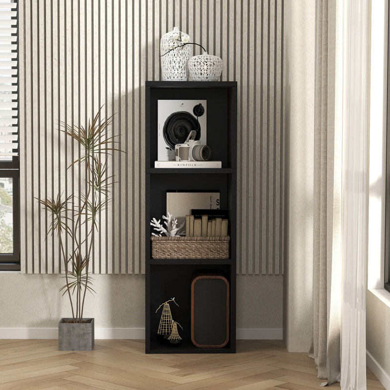 Narielle 11.8"W Narrow Bookcase, Black, (3 Shelves) 35.8"H x 11.8"W x 9.3"D