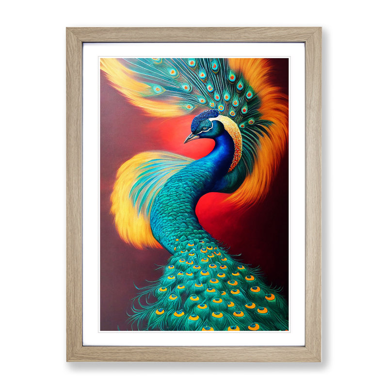 Bold Peacock Art No.2 - Wall Art, 66cm H x 48cm W x 2cm D, Oak Framed, White