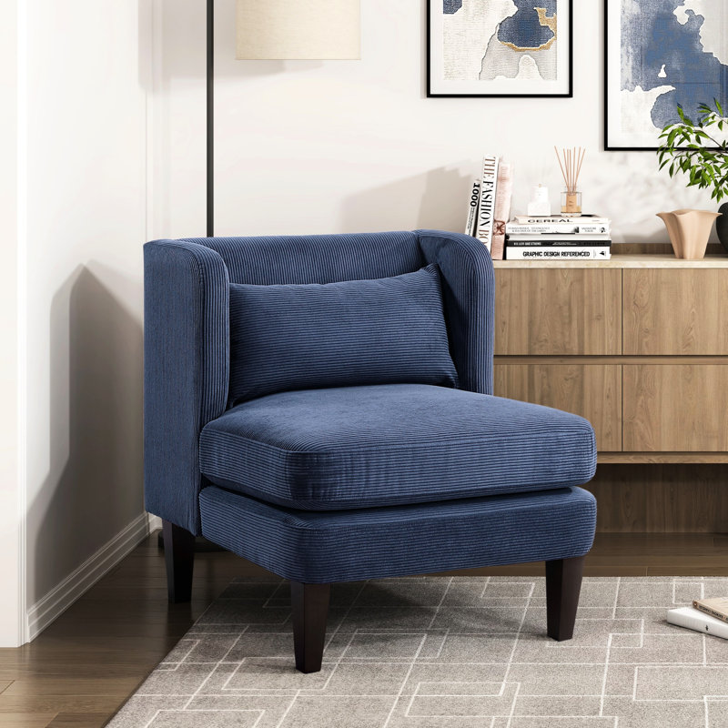 Fauteuil d'appoint en velours côtelé bleu pour espace de vie principal, siège réversible, profondeur d'assise, fabrication en contreplaqué, coussin de 22 po x 11 po