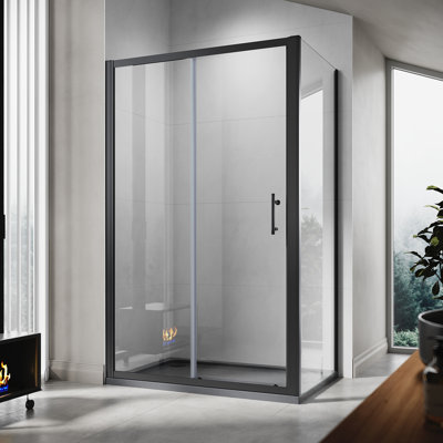 185*120*0.6cm, Safe and Easy-To-Clean Sliding Shower Enclosure with Side Panels, Black