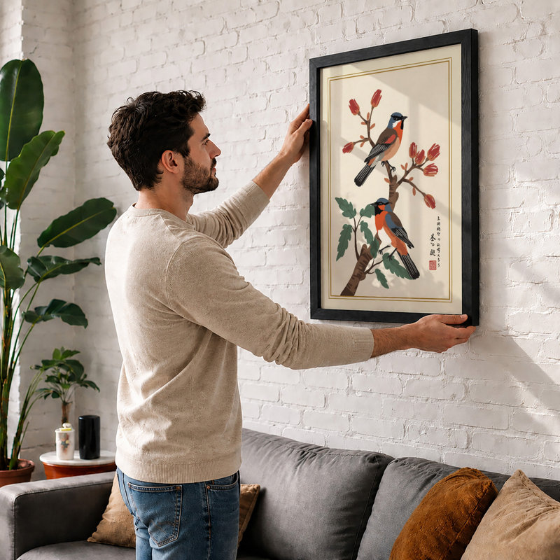 Birds on Blooming Branch Japandi - Framed Print, A2 - 59.4 x 42.0 cm, White