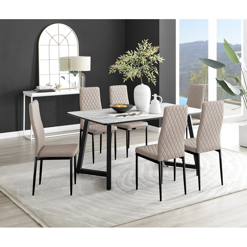White Marble Effect Melamine Dining Table Black Legs & 6 Luxury Faux Leather Chairs Modern Design, Brown/Black