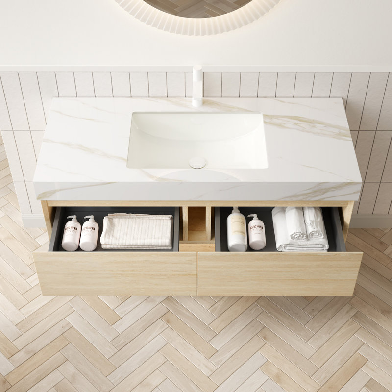 Meuble-lavabo de salle de bain, armoire de rangement flottante, tiroirs et tablette, pré-assemblé